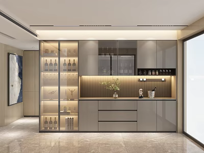 Modern Dining and Living Room Interior With Open Concept Display Cabinets And Decorative Lighting 3d model