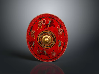 Ancient Red Shield With Golden Center And Decorative Warrior Figures Artwork Design 3d model