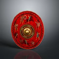 Ancient Red Shield With Golden Center And Decorative Warrior Figures Artwork Design