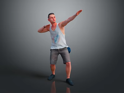 Man in White Tank Top Gray Shorts and Black Shoes Posing with Extended Right Arm 3d model