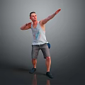 Man in White Tank Top Gray Shorts and Black Shoes Posing with Extended Right Arm