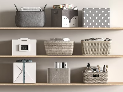 Various Stylish Storage Baskets On Wall Shelves 3d model
