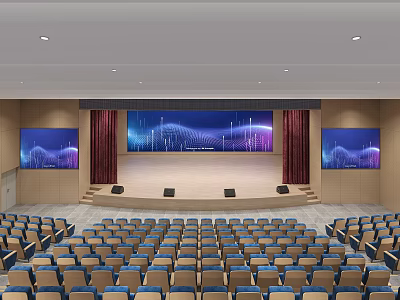 School Auditorium Interior With Stage Seats And Large Digital Screens 3d model