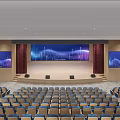 School Auditorium Interior With Stage Seats And Large Digital Screens