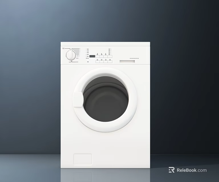 White Front Loading Washing Machine With Control Panel Knobs And Round Door In Dark Room 3d model 