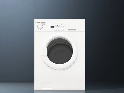 White Front Loading Washing Machine With Control Panel Knobs And Round Door In Dark Room 3d model