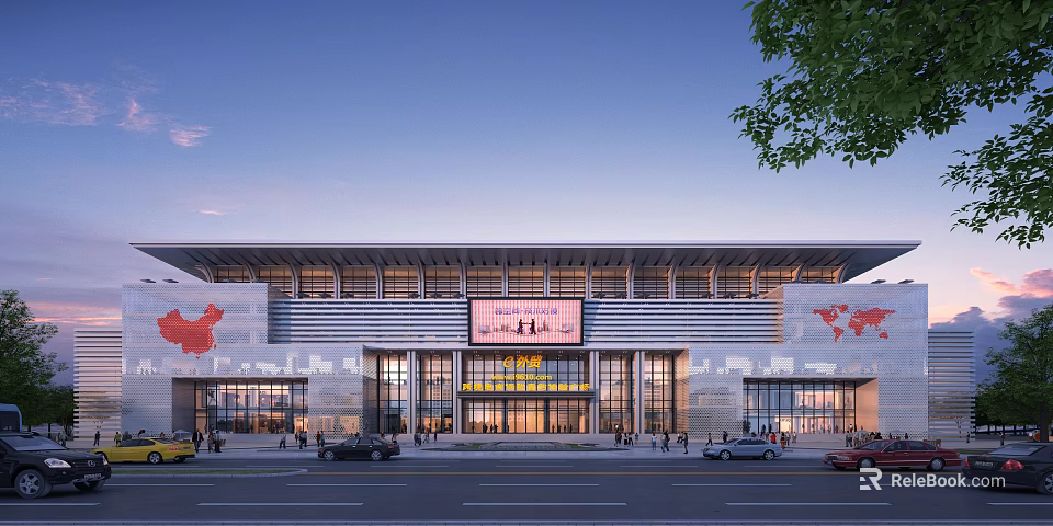 Modern Commercial Street Building Exterior Featuring Chinese And World Maps Large Screen Vehicles And Pedestrians 3d model 