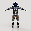 Game Movie Character In Blue Gold Gray Spacesuit With Helmet Armor And Arms Outstretched