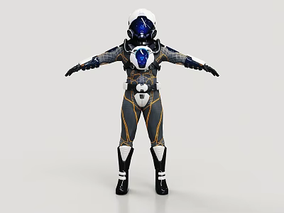 Game Movie Character In Blue Gold Gray Spacesuit With Helmet Armor And Arms Outstretched 3d model