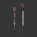 Shiny Metallic Laboratory Syringes With Brown Substance And Red Needle Tips