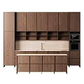 Modern Kitchen Featuring Built in Dark Wooden Cabinets Stone Countertop Sink And Appliances