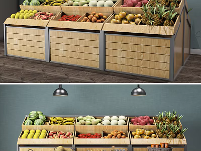 Wooden Display Shelves With Various Fresh Fruits Organized In Layered Compartments 3d model