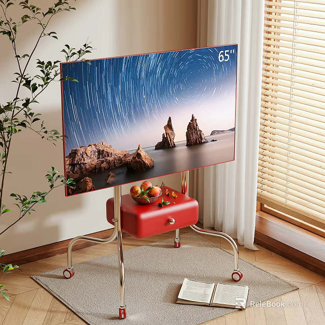 Red TV Stand With 65 Inch TV Metal Frame And Green Plant Near Window Blinds 3d model 