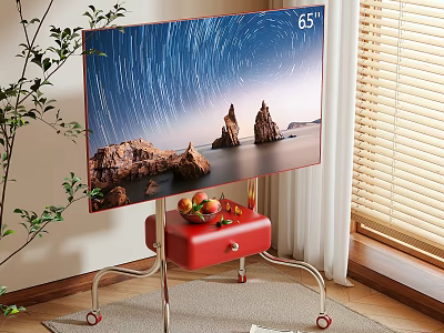 Red TV Stand With 65 Inch TV Metal Frame And Green Plant Near Window Blinds 3d model