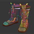 Stylish Brown Boots With Yellow Red Decorative Patterns And Durable Sole Design 3d model