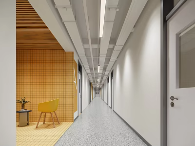 Elevator Hallway Interior Featuring White Walls Ceiling Linear Lights Yellow Tiled Wall And Chair 3d model