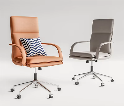 Orange And Gray Office Chairs With Blue White Striped Cushion And Metal Base Wheels 3d model