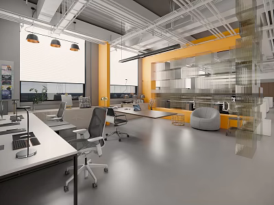 Modern Office Interior With Open Layout Work Desks And Ergonomic Chairs 3d model