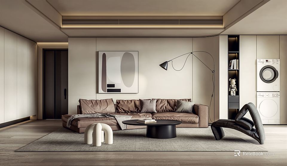 Elegant Modern Living Room With Brown Sofa Black Coffee Table Floor Lamp And Abstract Art 3d model 