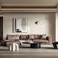 Elegant Modern Living Room With Brown Sofa Black Coffee Table Floor Lamp And Abstract Art