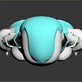 3D Humanoid Robot Character With Blue White Body Green Eyes On Reflective Surface