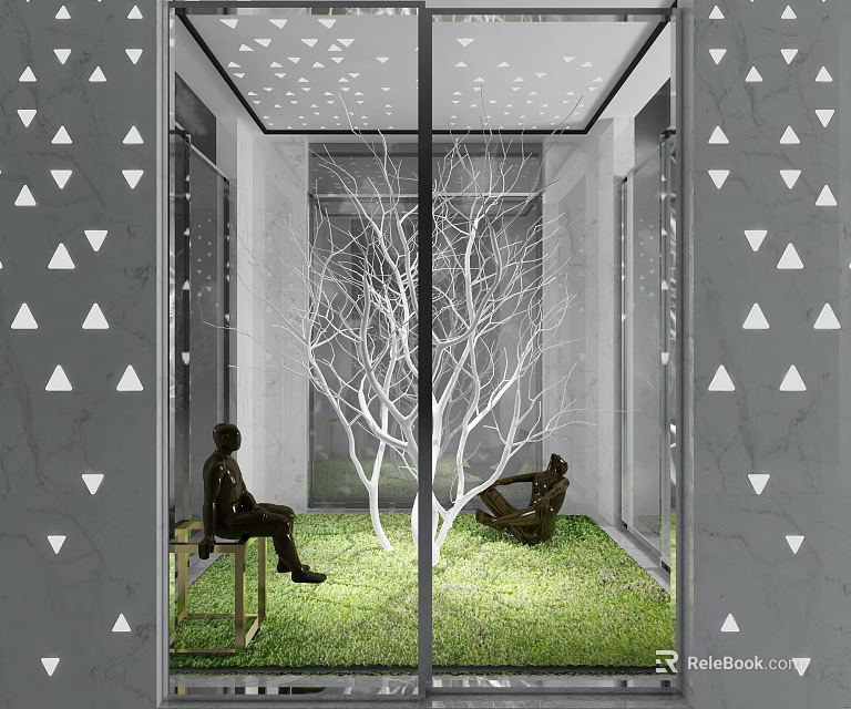 Modern Garden Accent With White Tree Green Lawn Statues And Glass Walls 3d model 
