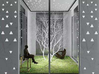 Modern Garden Accent With White Tree Green Lawn Statues And Glass Walls 3d model