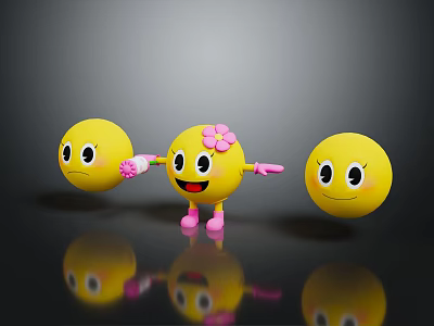 Decorative Ornament Set Of Yellow Smiley Faces With Pink Flower Feet And Different Expressions 3d model