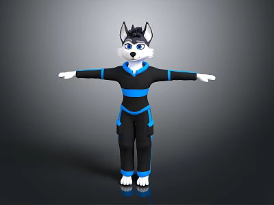 Anthropomorphic Husky Dog 3D Model With Black Blue Outfit And Arms Outstretched Pose 3d model