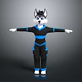Anthropomorphic Husky Dog 3D Model With Black Blue Outfit And Arms Outstretched Pose