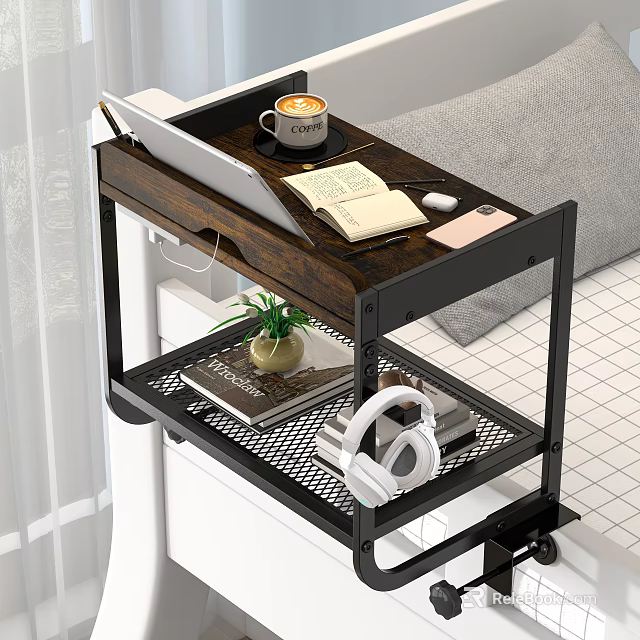 Rolling Utility Cart With Wooden Top Black Metal Frame Laptop Coffee Cup Notebook And Headphones 3d model 