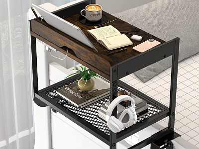 Rolling Utility Cart With Wooden Top Black Metal Frame Laptop Coffee Cup Notebook And Headphones 3d model