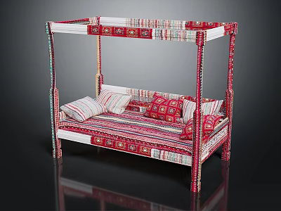 Colorful Canopy Single Bed Design With Red White Striped Bedding And Decorative Pillows 3d model