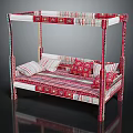 Colorful Canopy Single Bed Design With Red White Striped Bedding And Decorative Pillows