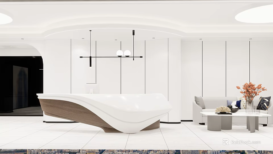 Modern Reception Desk Interior With White And Wooden Design Hanging Lights And Sofa 3d model 