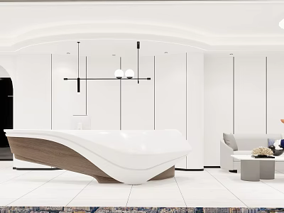 Modern Reception Desk Interior With White And Wooden Design Hanging Lights And Sofa 3d model