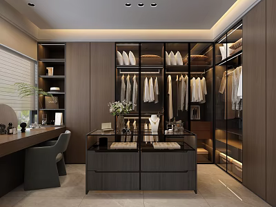 Modern Walk in Closet Interior With Glass Door Cabinets And White Hanging Clothes 3d model