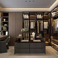 Modern Walk in Closet Interior With Glass Door Cabinets And White Hanging Clothes