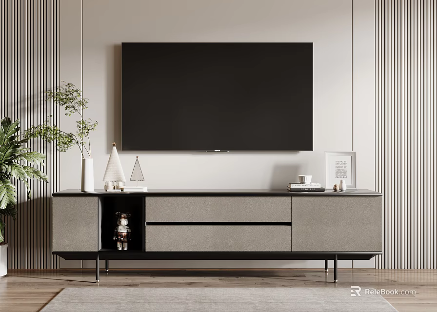Modern TV Stand with Flat Screen TV Decorative Items Potted Plant Drawers and Open Shelf 3d model 