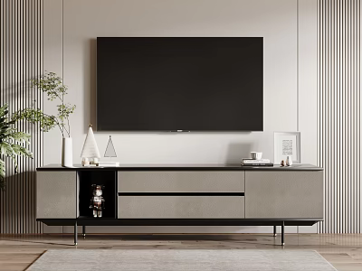 Modern TV Stand with Flat Screen TV Decorative Items Potted Plant Drawers and Open Shelf 3d model