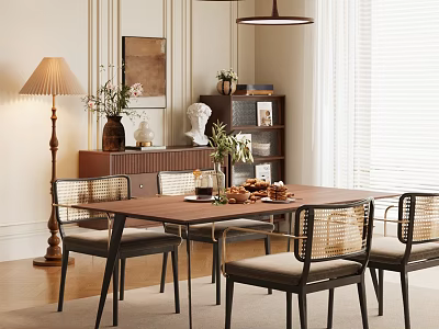 Elegant Modern Dining Room Interior With Wooden Table Wicker Chairs Decorative Plants And Floor Lamp 3d model