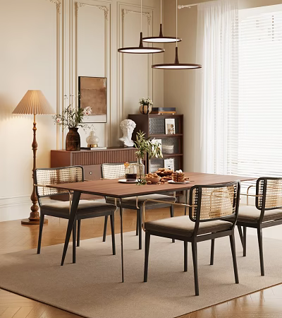 Elegant Modern Dining Room Interior With Wooden Table Wicker Chairs Decorative Plants And Floor Lamp 3d model