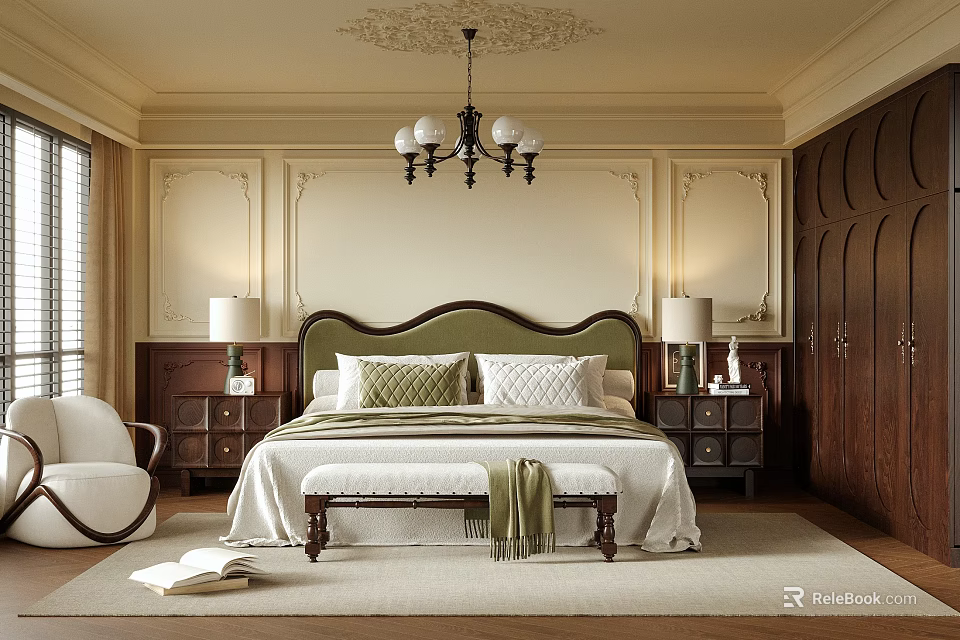 Elegant Classic Bedroom Interior With Green Headboard Bed Chandelier Decorative Wall Panels Nightstands And Bench 3d model 