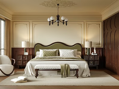 Elegant Classic Bedroom Interior With Green Headboard Bed Chandelier Decorative Wall Panels Nightstands And Bench 3d model