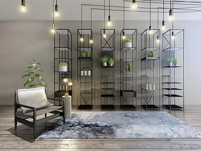 Modern Shelving Units With Metal Frames Potted Plants And Hanging Lights In Indoor Space 3d model