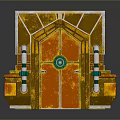 Industrial Equipment With Golden Frame Double Doors And Green Circular Components