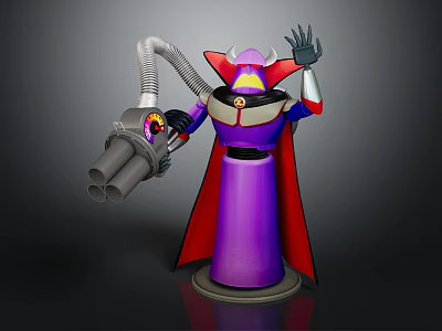 Evil Villain Character Design With Purple Body Red Cape Horned Head And Mechanical Arm Cannon 3d model