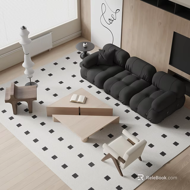 Modern Black Sofa and Wooden Coffee Table Set with Checkerboard Rug on Light Floor 3d model 