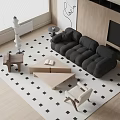 Modern Black Sofa and Wooden Coffee Table Set with Checkerboard Rug on Light Floor