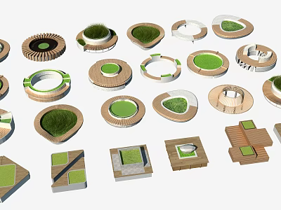 Various Tree Grate Designs Featuring Geometric Shapes Wooden Frames And Green Grass 3d model